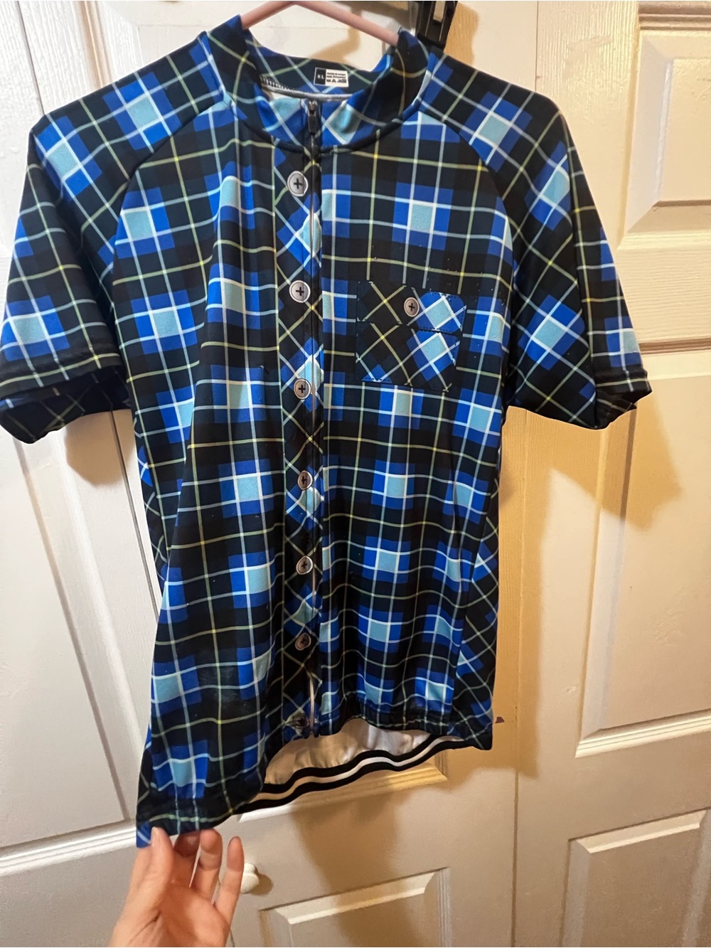 Men's Blue Plaid Short Sleeve Shirt -  cycling jersey- performance fit